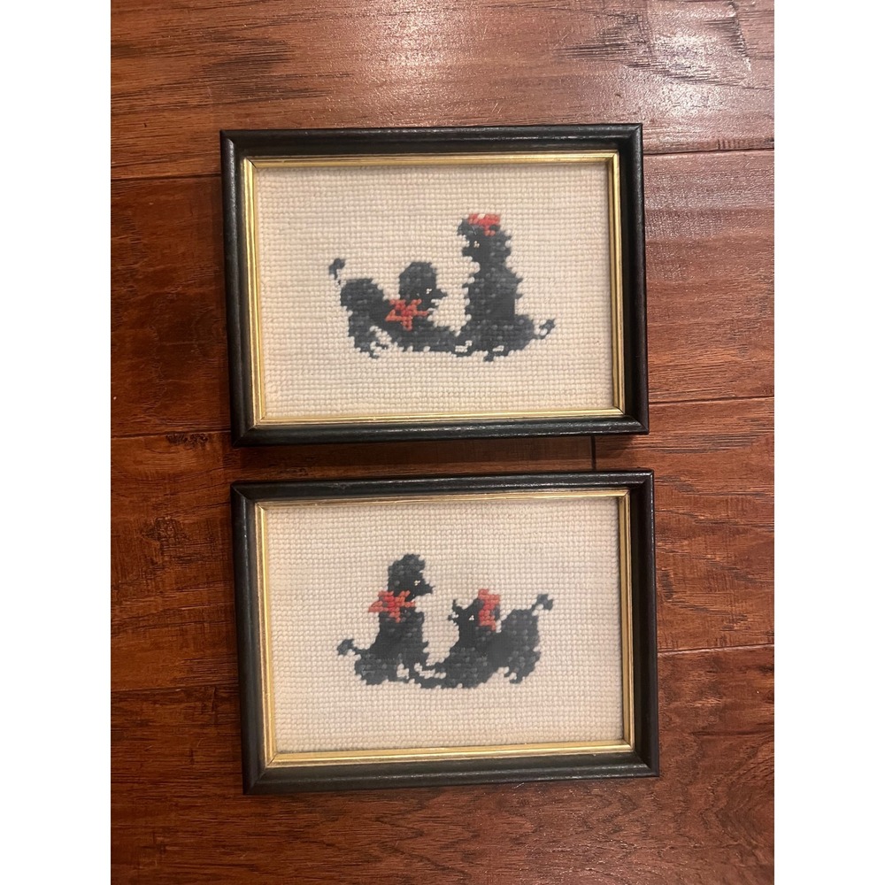 Vintage Black Poodle Needlepoint Framed Wall Art Set of 2 Black Gold Frames